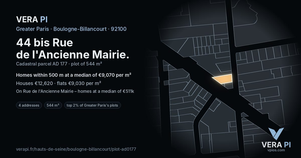 44 bis Rue de l'Ancienne Mairie, Boulogne-Billancourt at night – the plot lit, the parcels around coloured by the prices near them