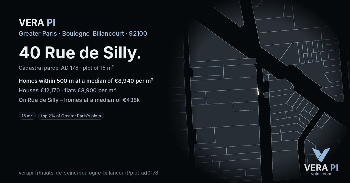 40 Rue de Silly, Boulogne-Billancourt at night – the plot lit, the parcels around coloured by the prices near them
