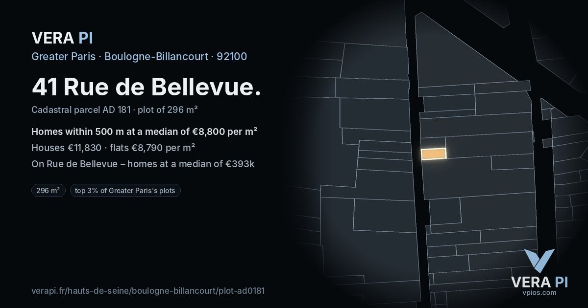 41 Rue de Bellevue, Boulogne-Billancourt at night – the plot lit, the parcels around coloured by the prices near them