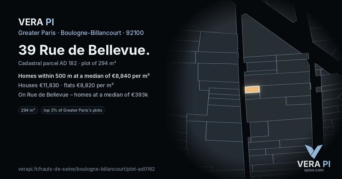 39 Rue de Bellevue, Boulogne-Billancourt at night – the plot lit, the parcels around coloured by the prices near them