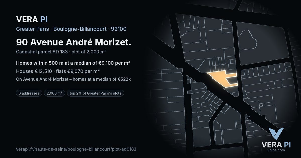 90 Avenue André Morizet, Boulogne-Billancourt at night – the plot lit, the parcels around coloured by the prices near them