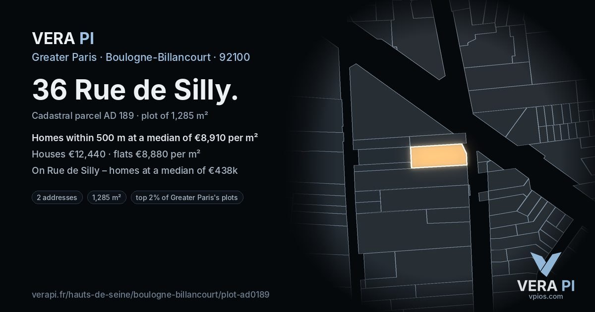 36 Rue de Silly, Boulogne-Billancourt at night – the plot lit, the parcels around coloured by the prices near them