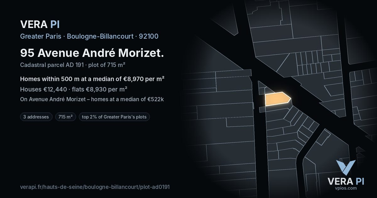 95 Avenue André Morizet, Boulogne-Billancourt at night – the plot lit, the parcels around coloured by the prices near them