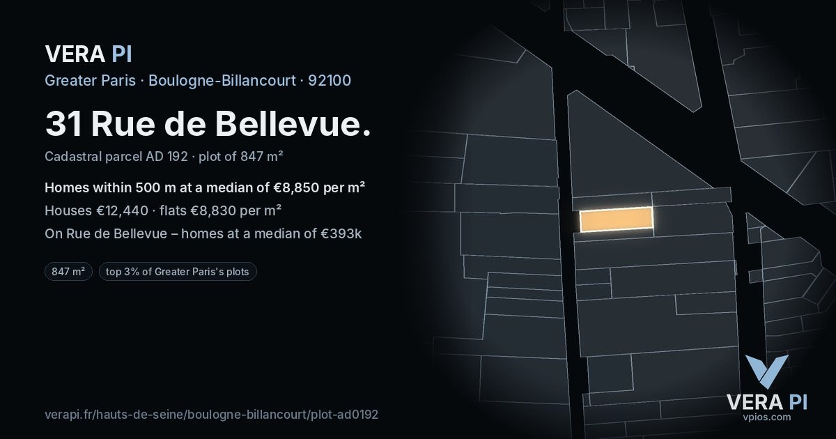 31 Rue de Bellevue, Boulogne-Billancourt at night – the plot lit, the parcels around coloured by the prices near them