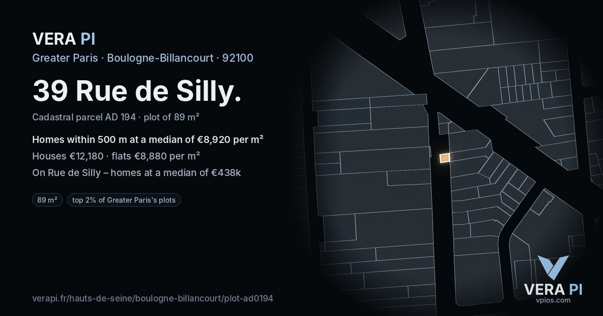 39 Rue de Silly, Boulogne-Billancourt at night – the plot lit, the parcels around coloured by the prices near them