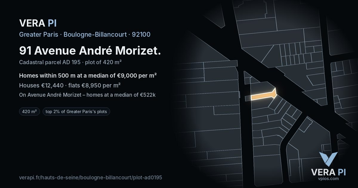 91 Avenue André Morizet, Boulogne-Billancourt at night – the plot lit, the parcels around coloured by the prices near them