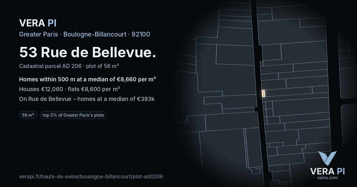 53 Rue de Bellevue, Boulogne-Billancourt at night – the plot lit, the parcels around coloured by the prices near them