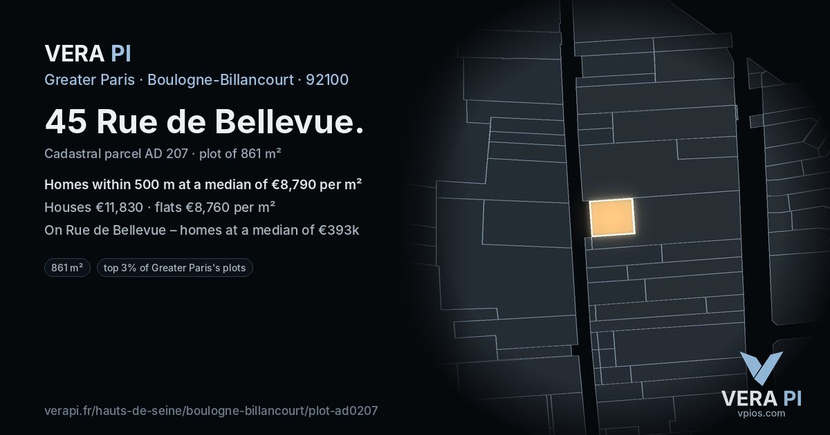 45 Rue de Bellevue, Boulogne-Billancourt at night – the plot lit, the parcels around coloured by the prices near them