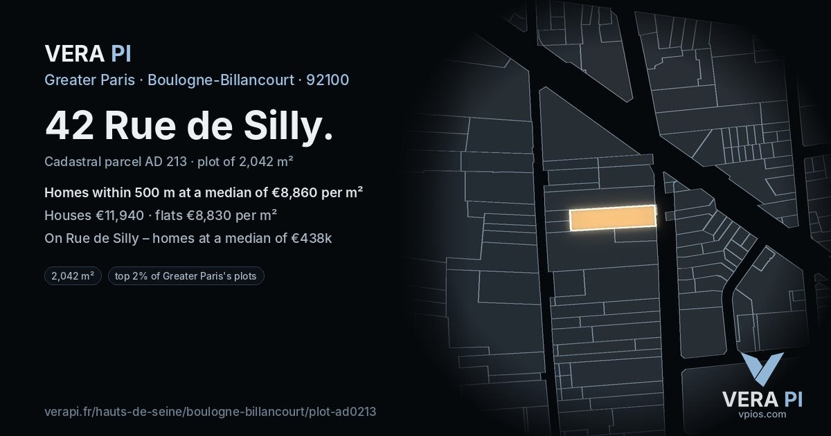 42 Rue de Silly, Boulogne-Billancourt at night – the plot lit, the parcels around coloured by the prices near them