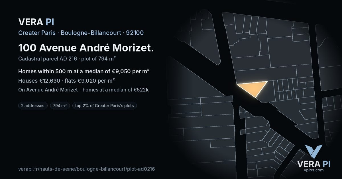 100 Avenue André Morizet, Boulogne-Billancourt at night – the plot lit, the parcels around coloured by the prices near them