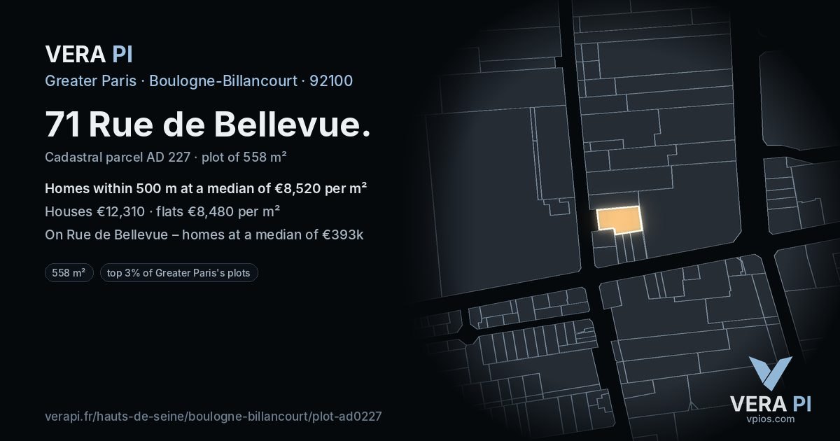 71 Rue de Bellevue, Boulogne-Billancourt at night – the plot lit, the parcels around coloured by the prices near them
