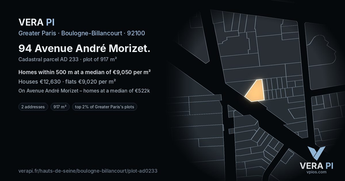 94 Avenue André Morizet, Boulogne-Billancourt at night – the plot lit, the parcels around coloured by the prices near them