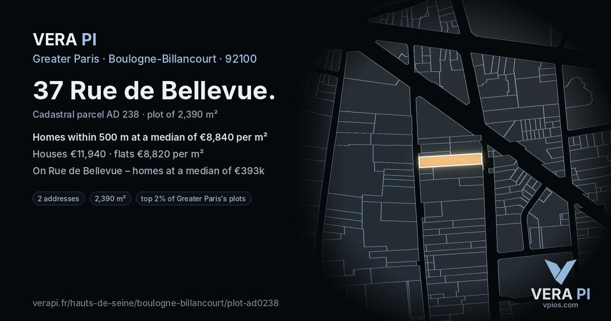 37 Rue de Bellevue, Boulogne-Billancourt at night – the plot lit, the parcels around coloured by the prices near them