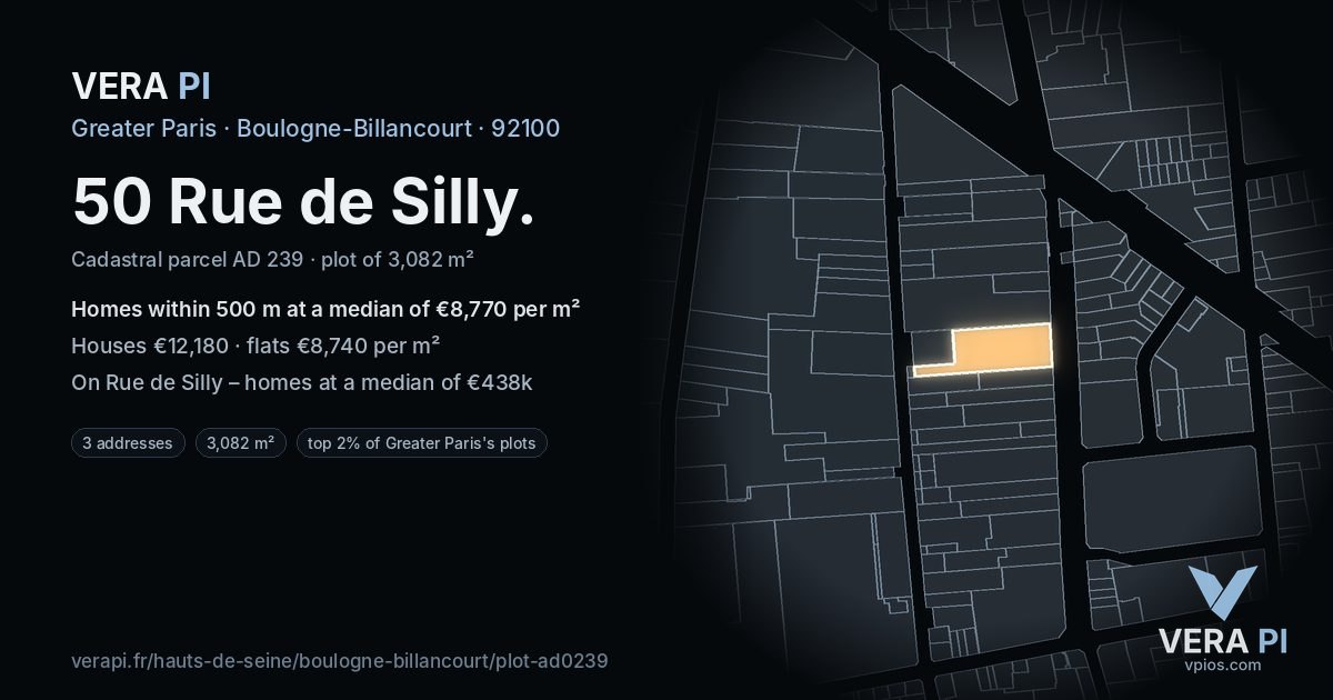 50 Rue de Silly, Boulogne-Billancourt at night – the plot lit, the parcels around coloured by the prices near them