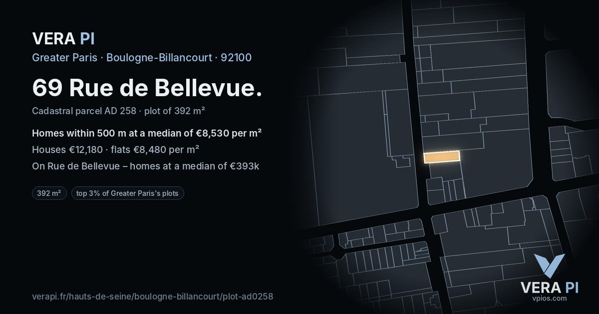 69 Rue de Bellevue, Boulogne-Billancourt at night – the plot lit, the parcels around coloured by the prices near them