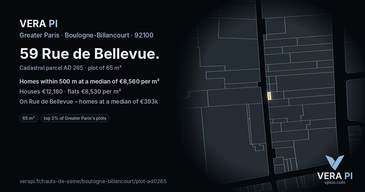 59 Rue de Bellevue, Boulogne-Billancourt at night – the plot lit, the parcels around coloured by the prices near them