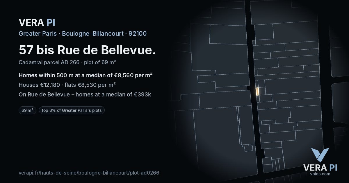 57 bis Rue de Bellevue, Boulogne-Billancourt at night – the plot lit, the parcels around coloured by the prices near them