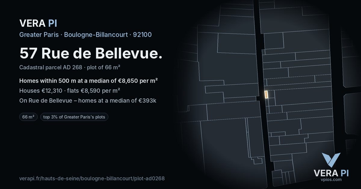 57 Rue de Bellevue, Boulogne-Billancourt at night – the plot lit, the parcels around coloured by the prices near them