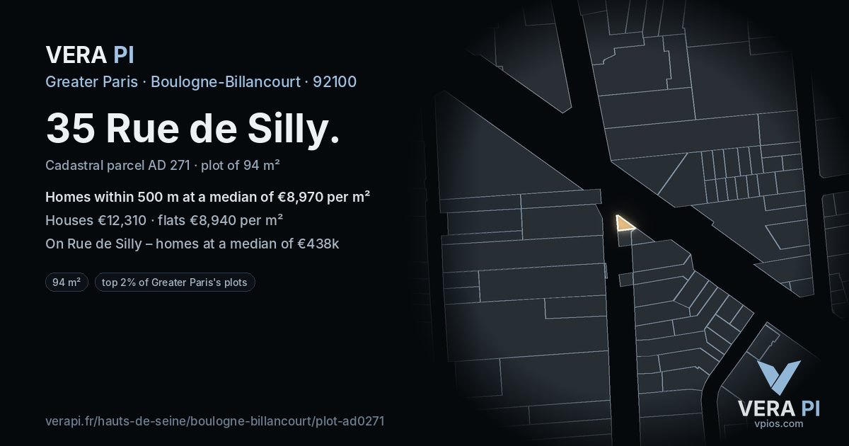 35 Rue de Silly, Boulogne-Billancourt at night – the plot lit, the parcels around coloured by the prices near them