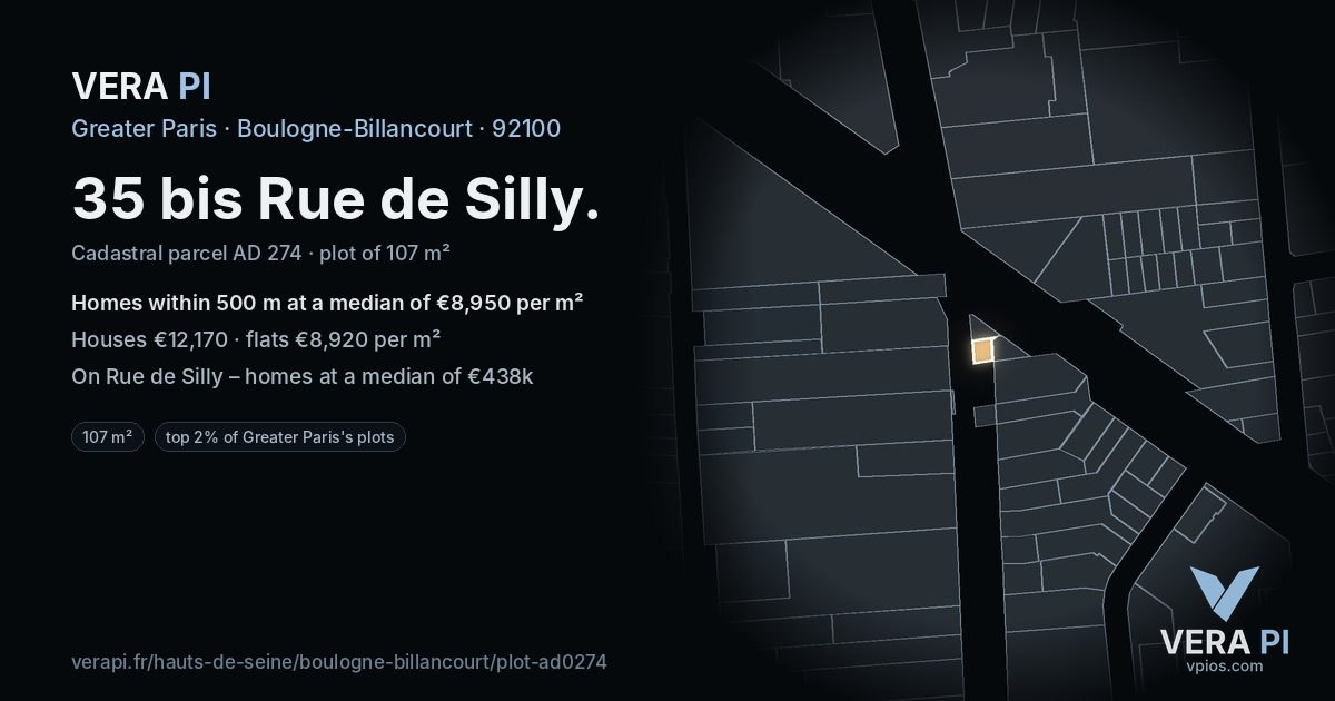 35 bis Rue de Silly, Boulogne-Billancourt at night – the plot lit, the parcels around coloured by the prices near them
