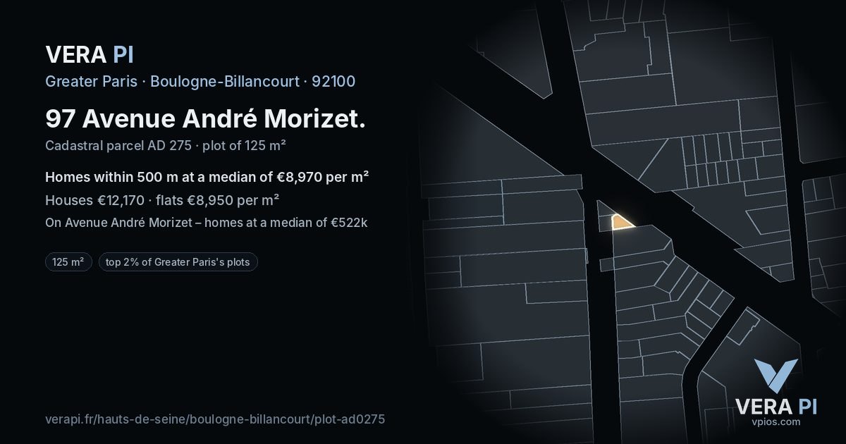 97 Avenue André Morizet, Boulogne-Billancourt at night – the plot lit, the parcels around coloured by the prices near them