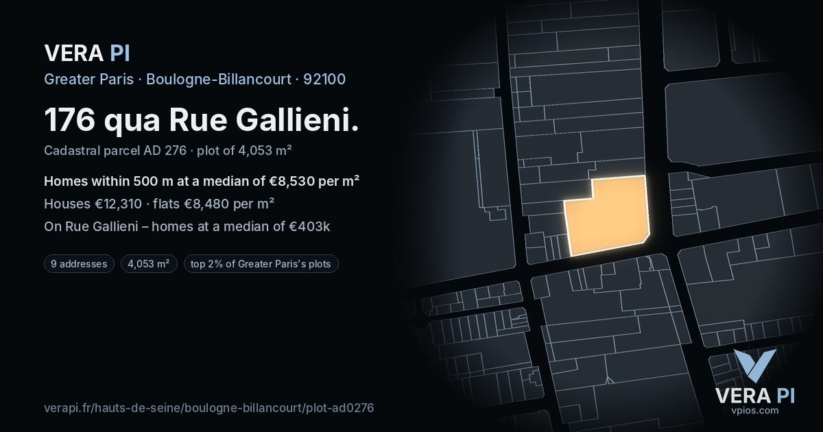 176 qua Rue Gallieni, Boulogne-Billancourt at night – the plot lit, the parcels around coloured by the prices near them