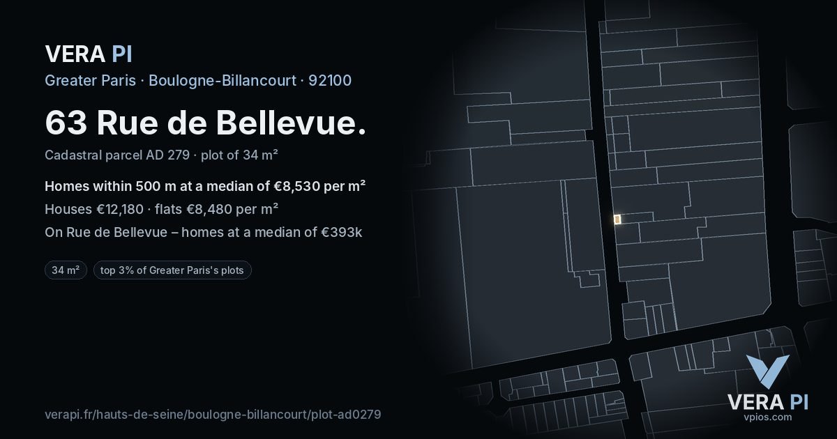 63 Rue de Bellevue, Boulogne-Billancourt at night – the plot lit, the parcels around coloured by the prices near them