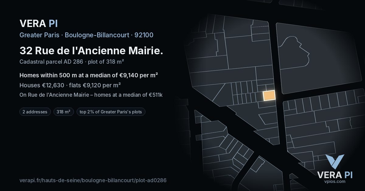 32 Rue de l'Ancienne Mairie, Boulogne-Billancourt at night – the plot lit, the parcels around coloured by the prices near them