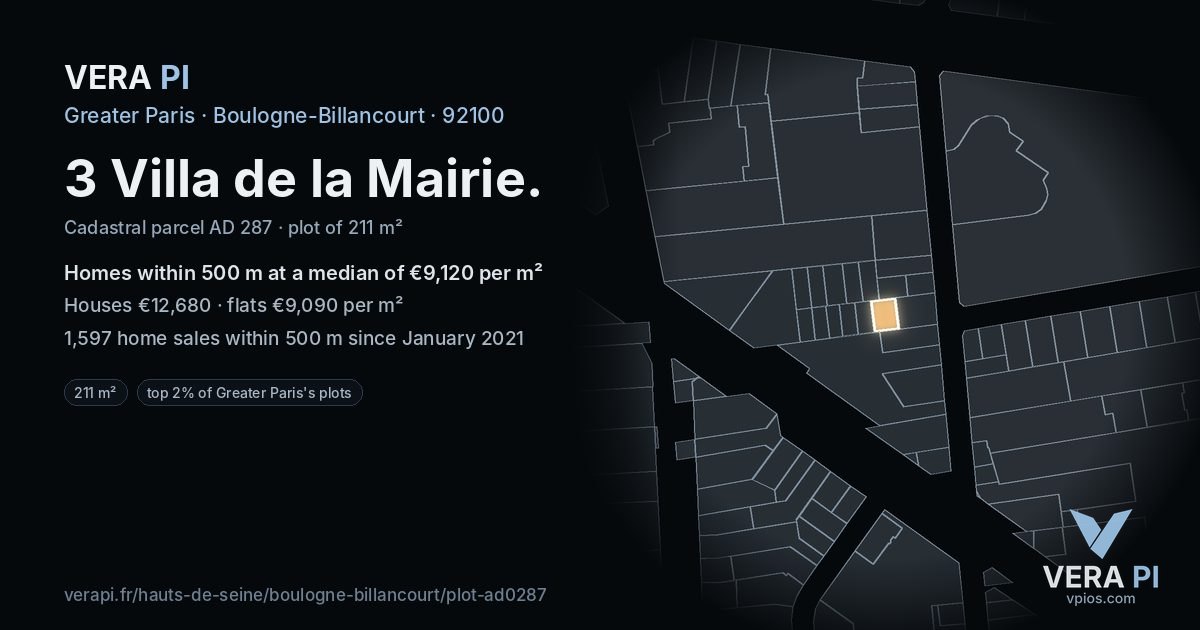 3 Villa de la Mairie, Boulogne-Billancourt at night – the plot lit, the parcels around coloured by the prices near them