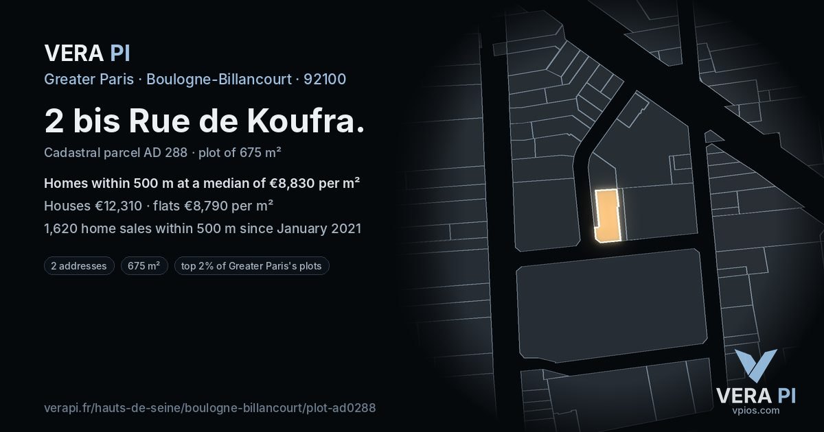 2 bis Rue de Koufra, Boulogne-Billancourt at night – the plot lit, the parcels around coloured by the prices near them