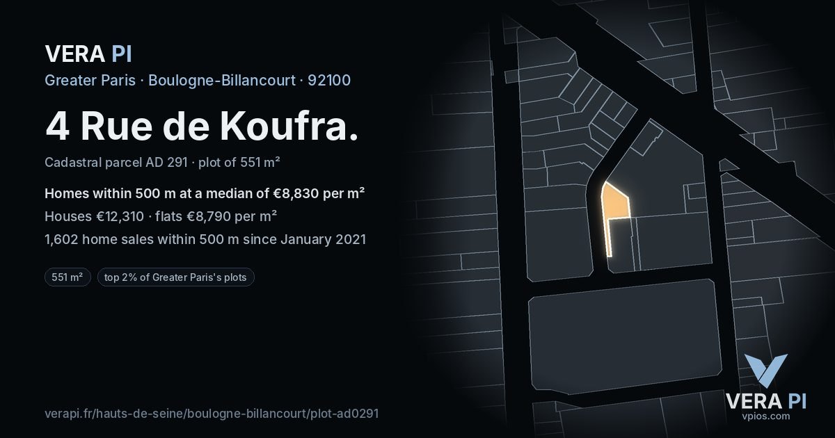 4 Rue de Koufra, Boulogne-Billancourt at night – the plot lit, the parcels around coloured by the prices near them