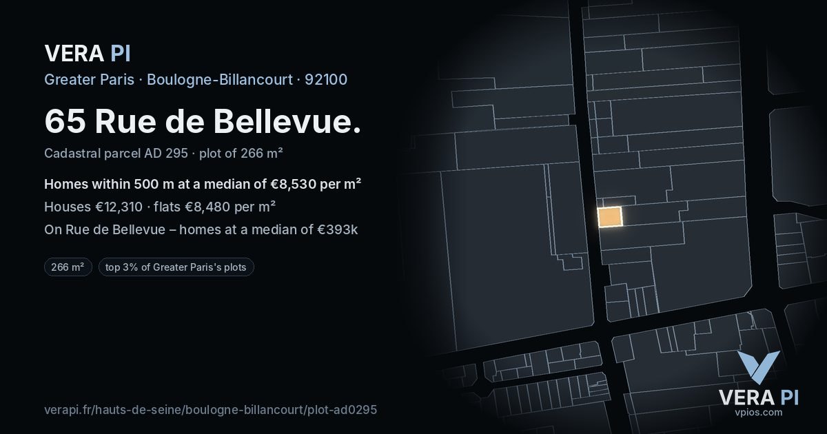 65 Rue de Bellevue, Boulogne-Billancourt at night – the plot lit, the parcels around coloured by the prices near them