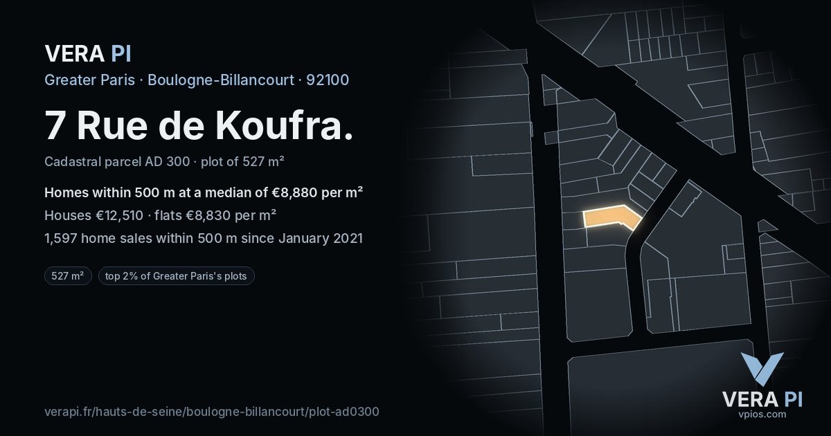 7 Rue de Koufra, Boulogne-Billancourt at night – the plot lit, the parcels around coloured by the prices near them
