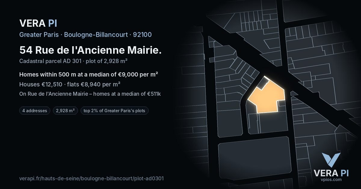 54 Rue de l'Ancienne Mairie, Boulogne-Billancourt at night – the plot lit, the parcels around coloured by the prices near them