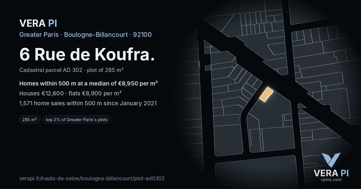 6 Rue de Koufra, Boulogne-Billancourt at night – the plot lit, the parcels around coloured by the prices near them
