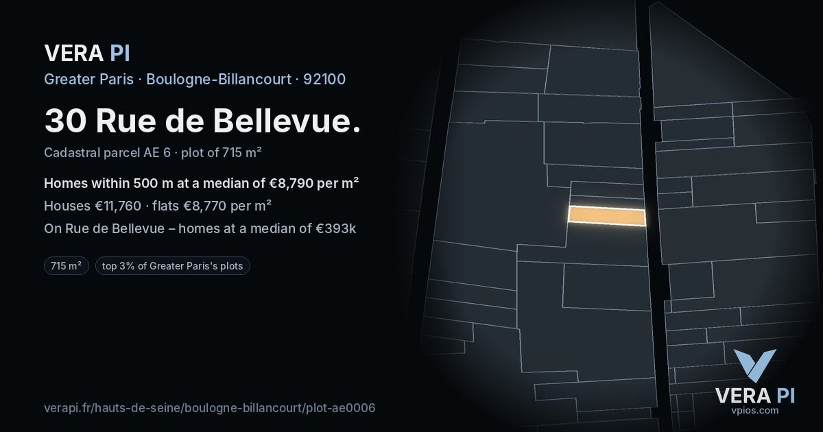 30 Rue de Bellevue, Boulogne-Billancourt at night – the plot lit, the parcels around coloured by the prices near them