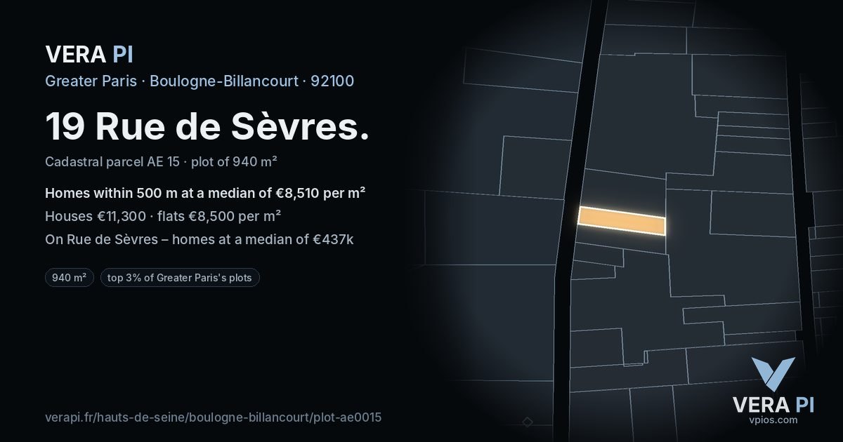19 Rue de Sèvres, Boulogne-Billancourt at night – the plot lit, the parcels around coloured by the prices near them