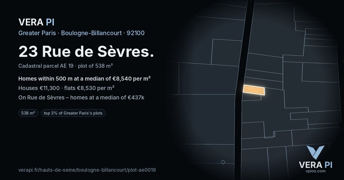23 Rue de Sèvres, Boulogne-Billancourt at night – the plot lit, the parcels around coloured by the prices near them