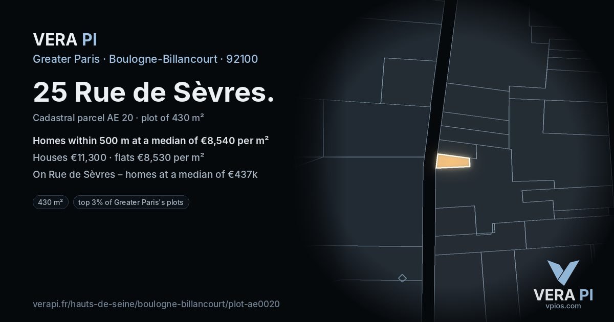 25 Rue de Sèvres, Boulogne-Billancourt at night – the plot lit, the parcels around coloured by the prices near them