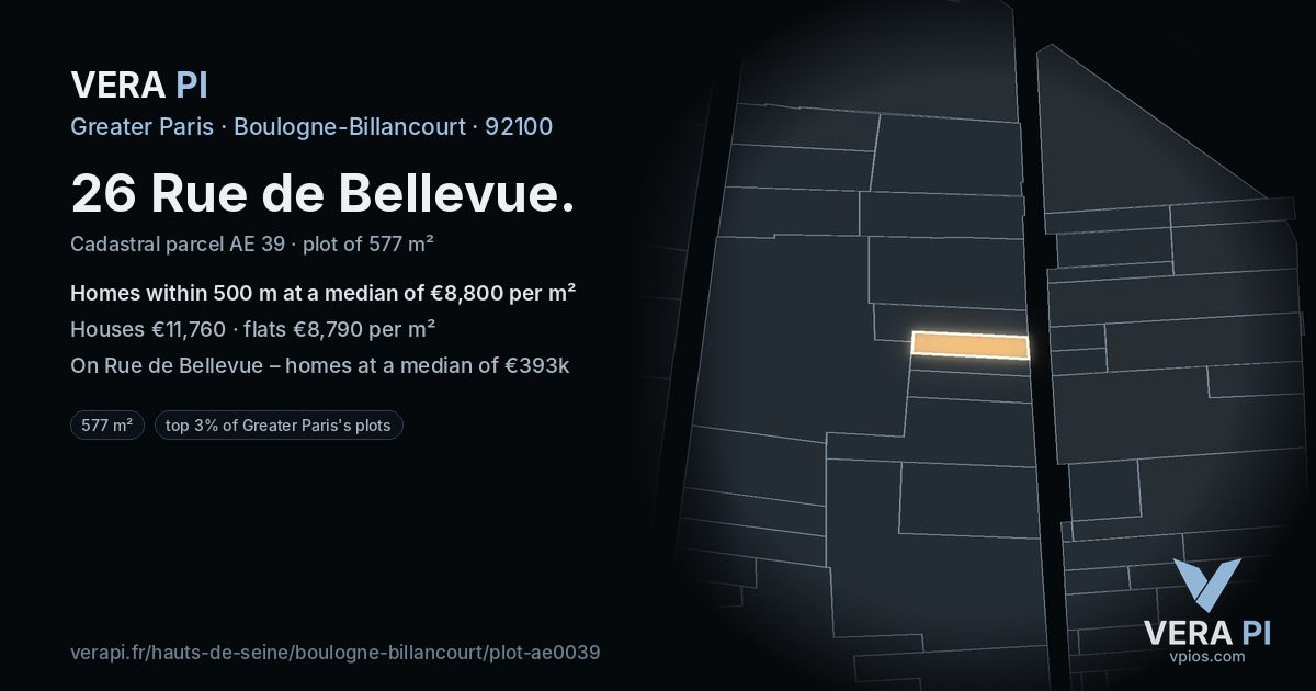 26 Rue de Bellevue, Boulogne-Billancourt at night – the plot lit, the parcels around coloured by the prices near them