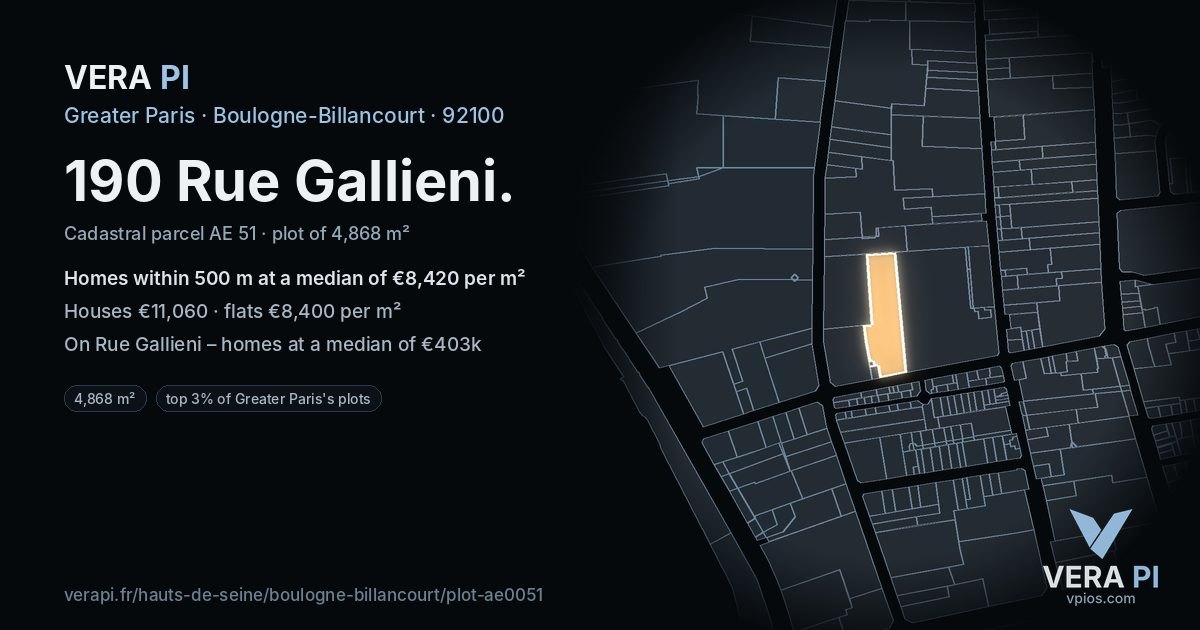 190 Rue Gallieni, Boulogne-Billancourt at night – the plot lit, the parcels around coloured by the prices near them