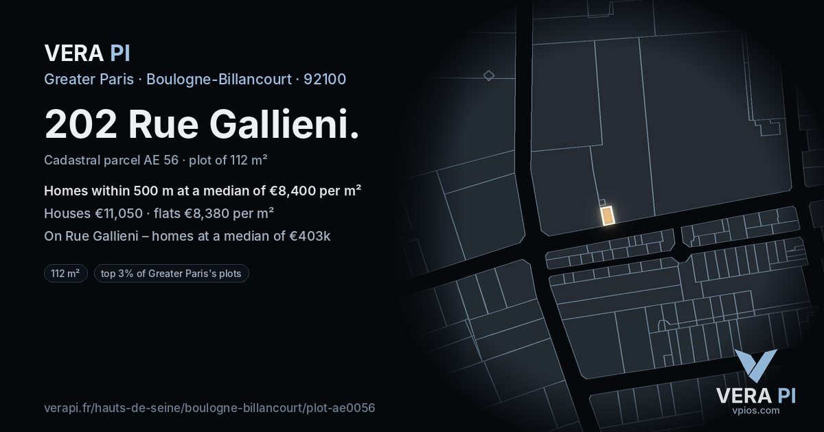 202 Rue Gallieni, Boulogne-Billancourt at night – the plot lit, the parcels around coloured by the prices near them