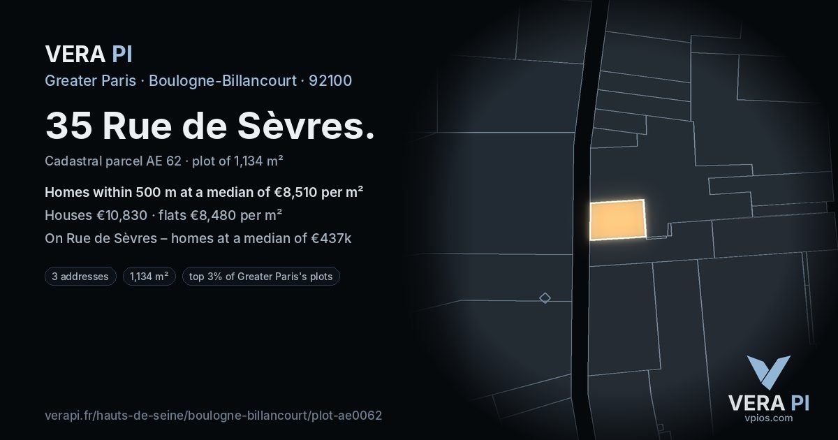 35 Rue de Sèvres, Boulogne-Billancourt at night – the plot lit, the parcels around coloured by the prices near them
