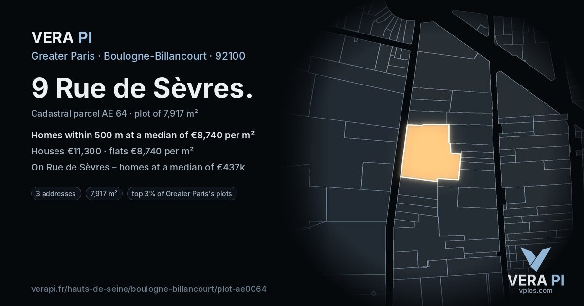 9 Rue de Sèvres, Boulogne-Billancourt at night – the plot lit, the parcels around coloured by the prices near them