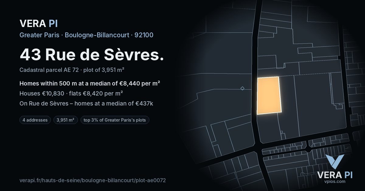 43 Rue de Sèvres, Boulogne-Billancourt at night – the plot lit, the parcels around coloured by the prices near them