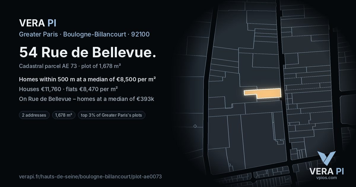 54 Rue de Bellevue, Boulogne-Billancourt at night – the plot lit, the parcels around coloured by the prices near them