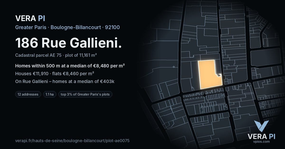 186 Rue Gallieni, Boulogne-Billancourt at night – the plot lit, the parcels around coloured by the prices near them