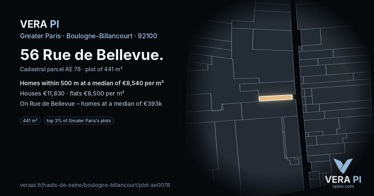 56 Rue de Bellevue, Boulogne-Billancourt at night – the plot lit, the parcels around coloured by the prices near them