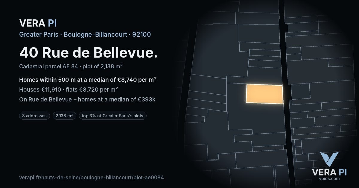 40 Rue de Bellevue, Boulogne-Billancourt at night – the plot lit, the parcels around coloured by the prices near them