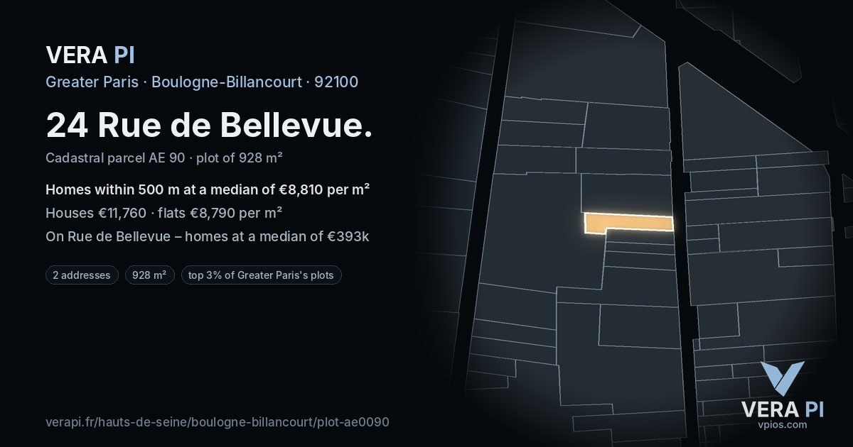 24 Rue de Bellevue, Boulogne-Billancourt at night – the plot lit, the parcels around coloured by the prices near them